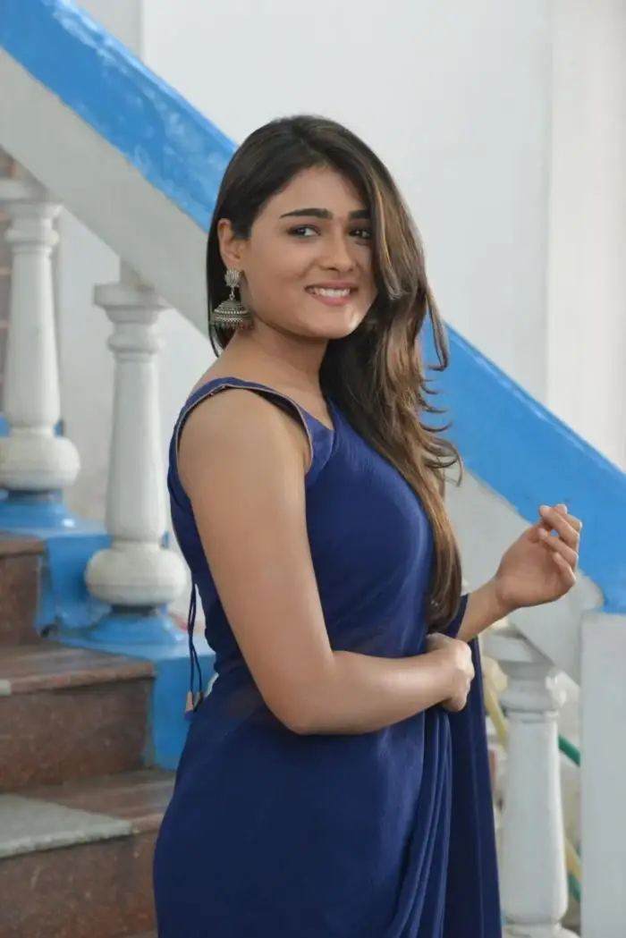 Indian Actress Shalini Pandey In Blue Saree At Telugu Movie Opening